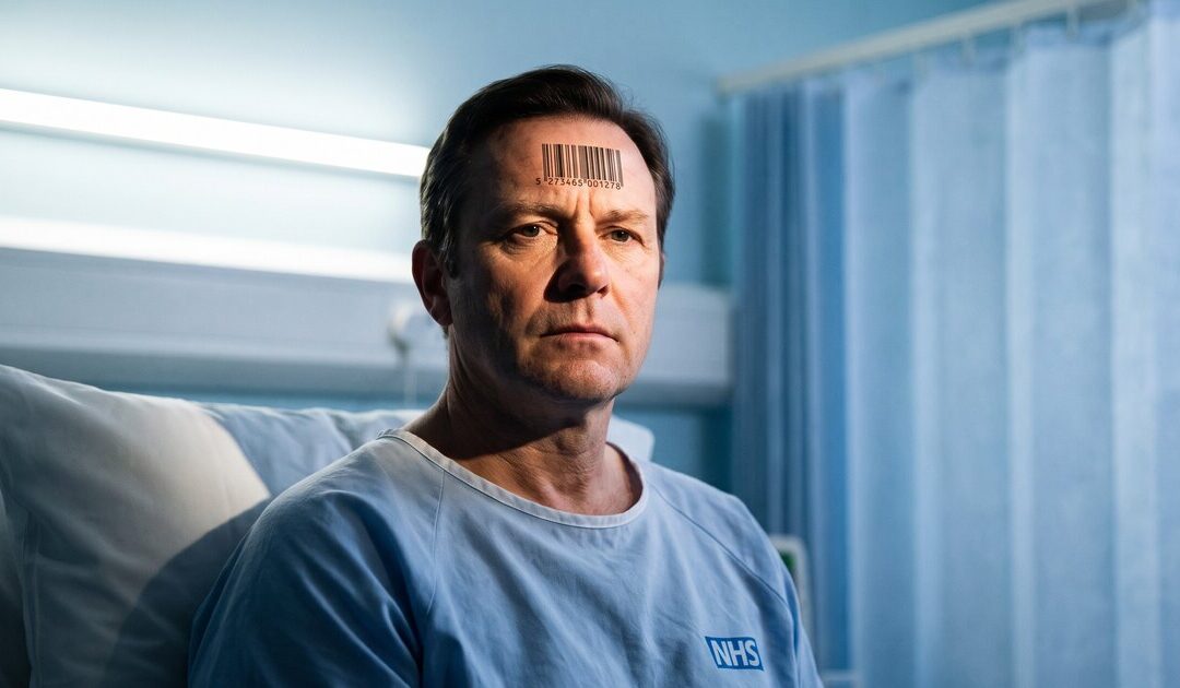 Adult NHS hospital patient facing the camera with a black-and-white barcode on the forehead, pale blue gown, quiet UK ward behind.