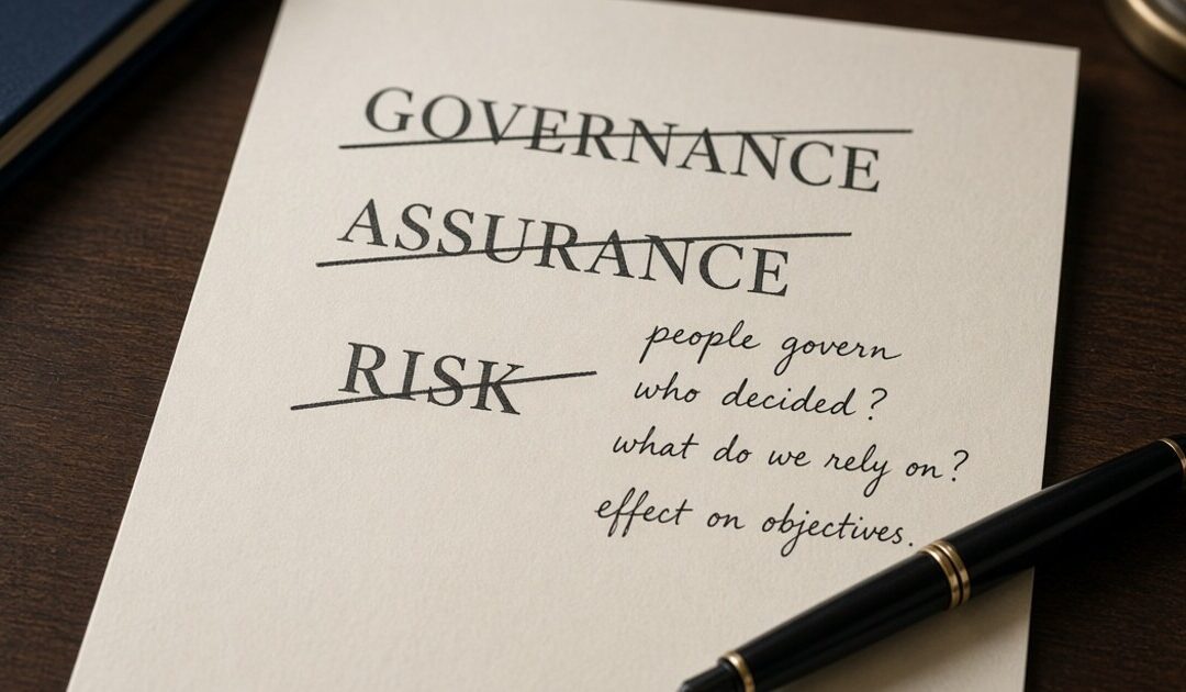 Sheet of cream paper on a dark wooden desk with the words Governance, Assurance and Risk struck through, and handwritten beside them: people govern, who decided?, what do we rely on?, effect on objectives. A black fountain pen rests on the page.